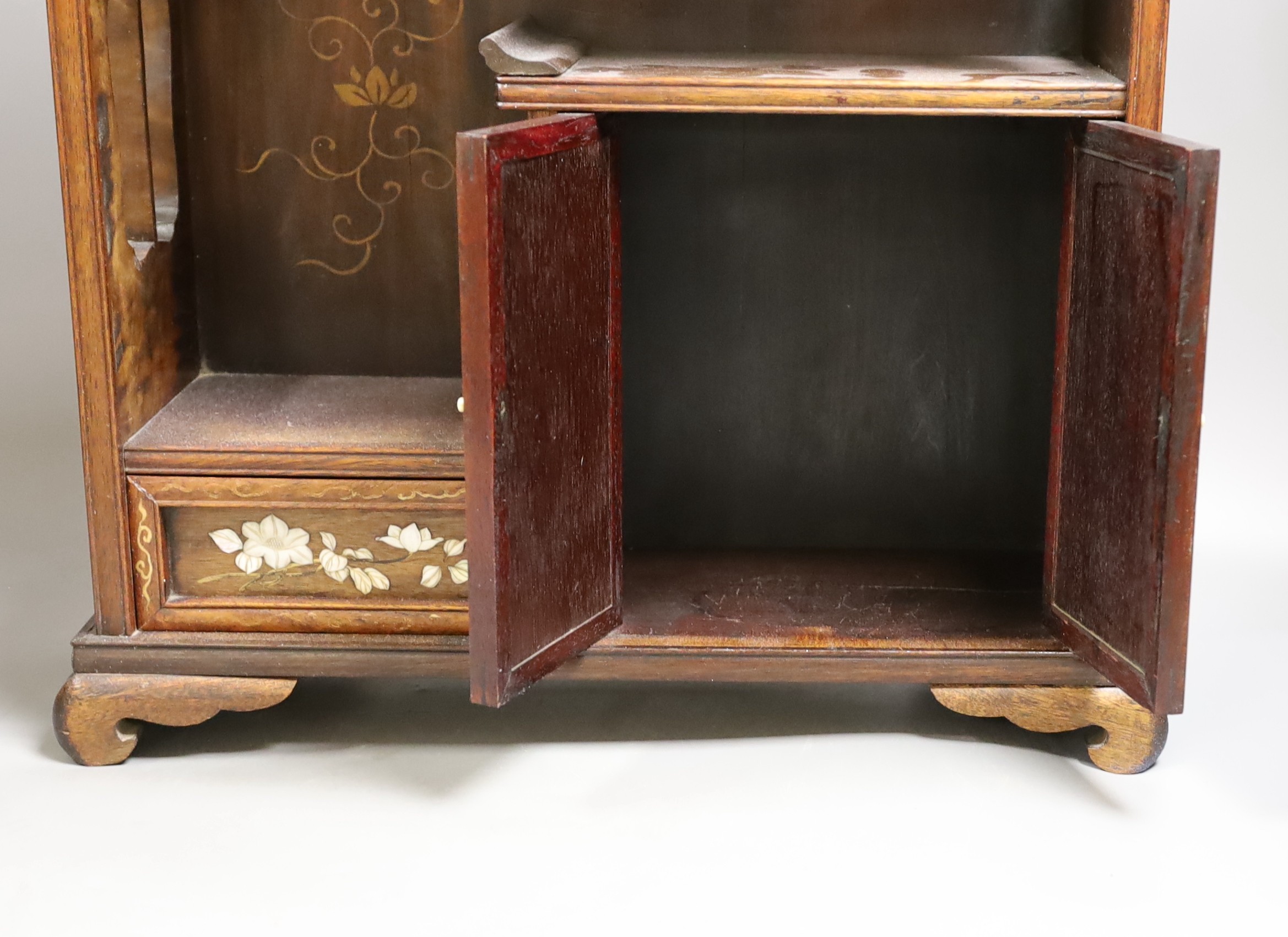 A Japanese hardwood and Shibayma decorated table cabinet, Meiji period, 56cm